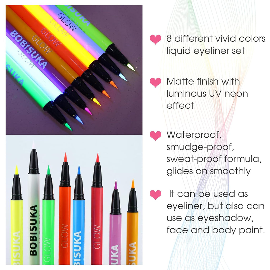 BOBISUKA 8 Colors UV Neon Liquid Eyeliner Set