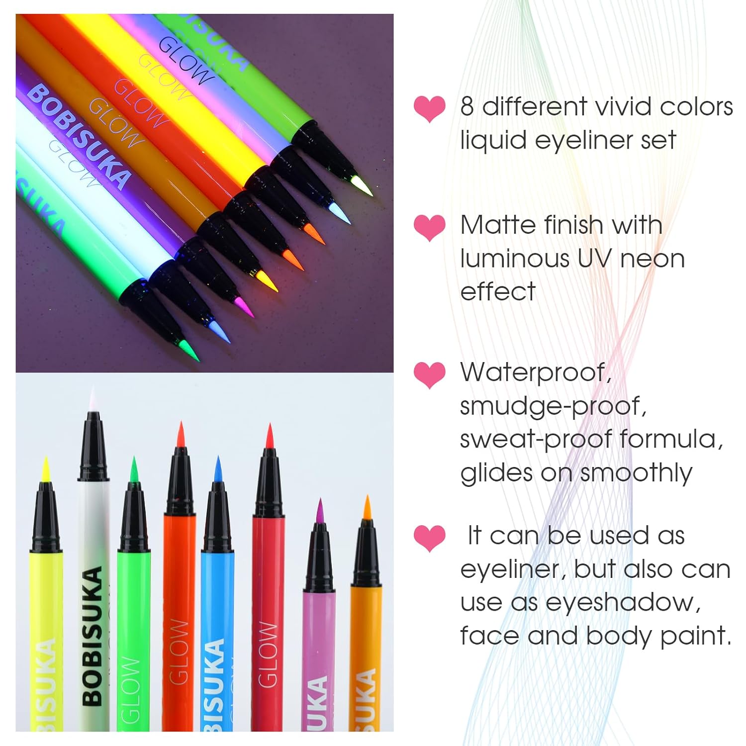 BOBISUKA 8 Colors UV Neon Liquid Eyeliner Set